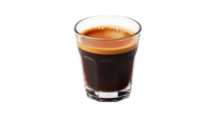 A clear glass filled with dark espresso on a transparent background, capturing the rich color and foamy crema on top.