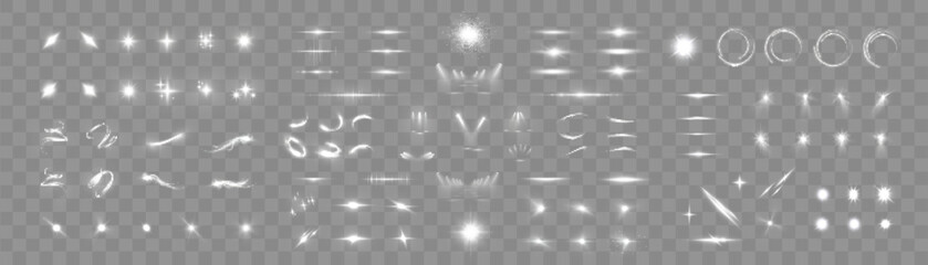 A large set of white glowing light effects, flashes, rings, and motion trails on a transparent background for user interfaces, magic and light overlays. Vector