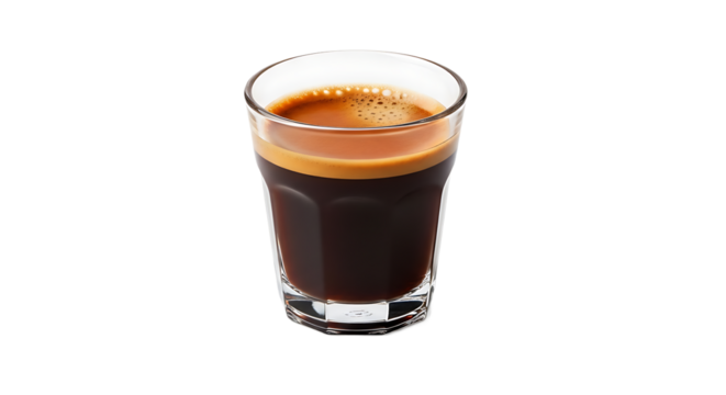 A clear glass filled with dark espresso on a transparent background, capturing the rich color and foamy crema on top.