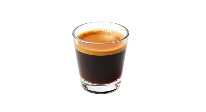 A perfect shot of espresso in a clear glass shows rich colors and a light layer of crema on a clean, stark background.
