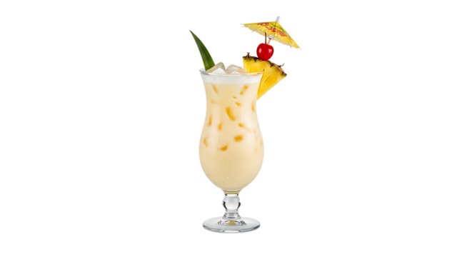 Pina colada cocktail with a pineapple wedge, cherry, and little umbrella in a stemmed glass on a transparent background.