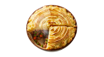 A sliced cottage pie with a golden mashed potato topping, showcasing the savory filling of meat and vegetables. 