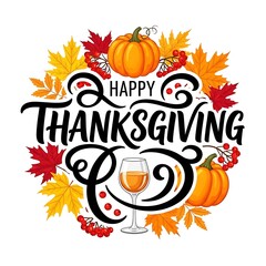 Happy thanksgiving text with pumpkins, leaves, and wine isolated on white background