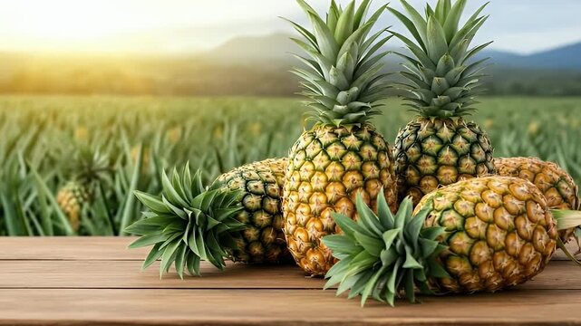 A vibrant composition features a pile of fresh, ripe pineapples resting on a rustic wooden surface in the foreground. Each pineapple displays its characteristic golden-yellow, textured skin and verdan