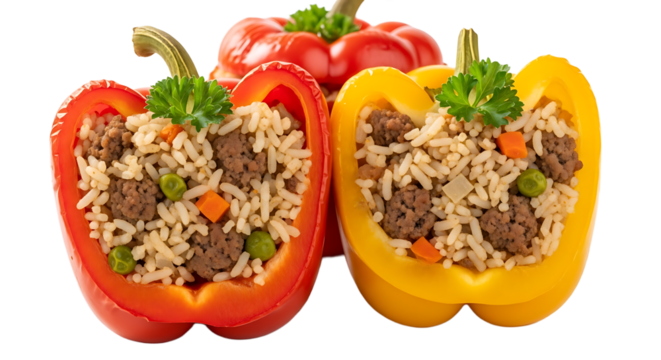 Three colorful peppers stuffed with a delicious blend of rice, meat, and vegetables for a healthy meal.