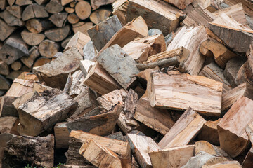 Close-up view of a pile of large cut firewood with stacked logs in the background