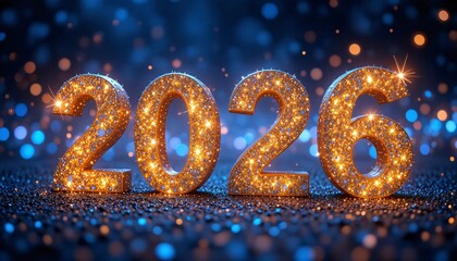 New Year 2026 Glittering Gold Text on a Dark Blue Sparkle Background