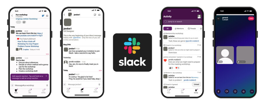 Slack App UI Mockup on iPhone &ndash; Team Communication and Collaboration Interface
Slack Application Design for Messaging, Channels, and Video Call Features