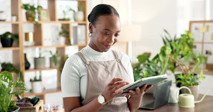 Typing, volunteer and black woman in office, tablet and smile with environmental responsibility. African person, tech and activist in with internet, climate change charity and NGO project schedule
