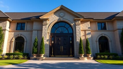 A grand luxury house entrance with elegant stone facade, surrounded by lush greenery and blue skies.