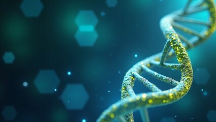 Biotechnology and life science concept with a detailed 3D render of a glowing DNA molecule on a blue background
