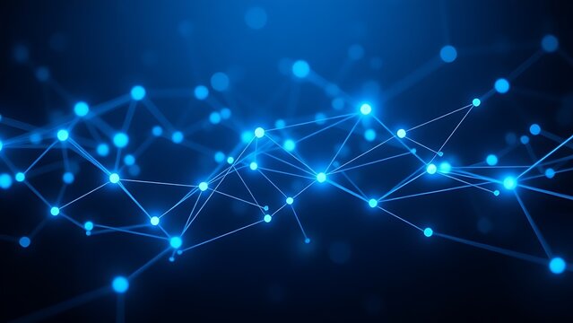 Abstract digital network visualization with glowing blue nodes and flowing connections on dark background.