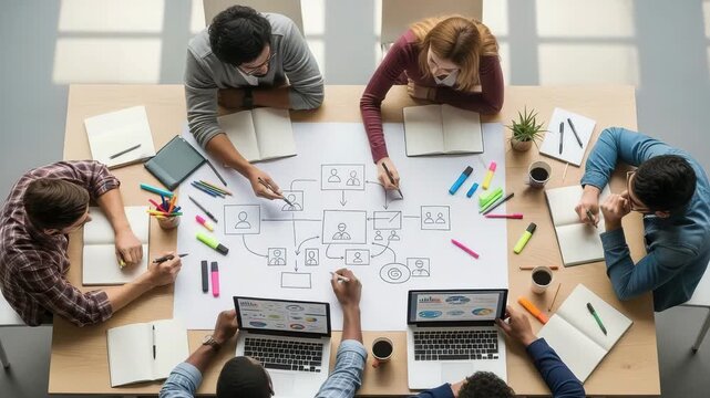 Team collaborating on a flowchart diagram at a table with laptops and notebooks