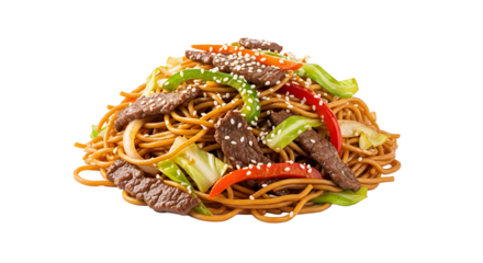 Delicious beef lo mein, a classic Asian-inspired noodle dish with savory meat and colorful veggies, sprinkled with sesame seeds.
