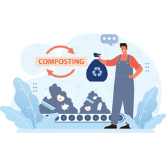 Composting Process Illustrated Man Holding Recycling Bag by Conveyor Belt with Organic Waste Blue and Orange Tones Clean Vector Art with Transparent Background