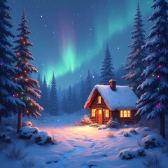 Cozy cabin with Christmas lights in snowy forest under auroras  