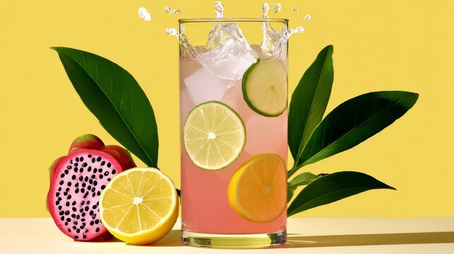 Glass of pink lemonade with a slice of lime in it. The drink is served on a table with a yellow background