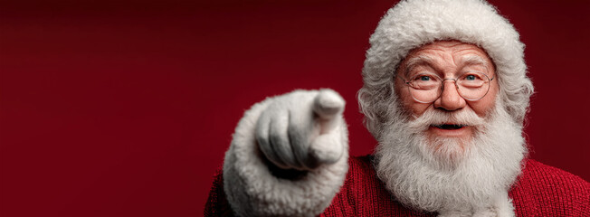 Happy Santa Claus smiling and pointing forward in red sweater and hat against vibrant red background in festive holiday portrait Generative AI