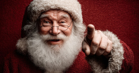 Cheerful Santa Claus with white beard smiling and pointing at camera against red background in festive Christmas portrait Generative AI