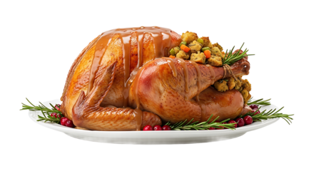 Golden roasted turkey with savory stuffing and gravy, garnished with fresh rosemary and bright cranberries, ready to serve.