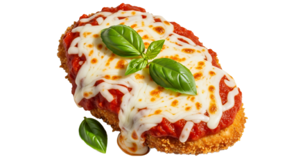 Delight in the cheesy goodness of this chicken parmigiana, topped with fresh basil, ready to tantalize your taste buds.
