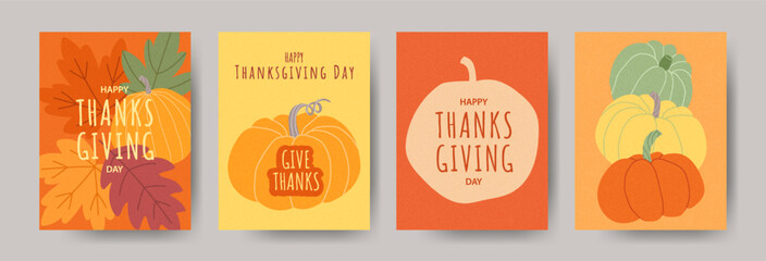 Set of textured Thanksgiving greeting cards with pumpkins and autumn leaves in warm orange and yellow tones. Seasonal collection with festive typography