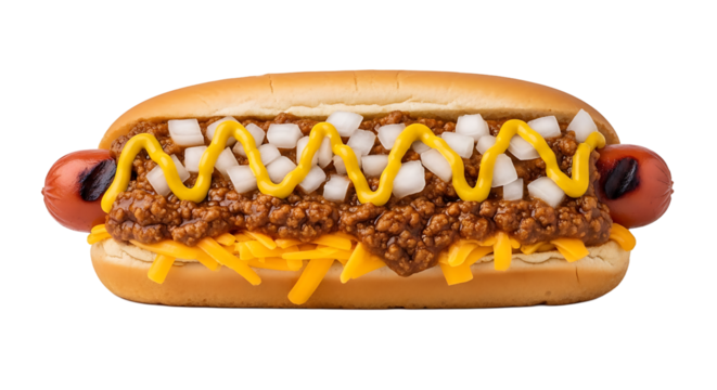 Enjoy a delectable hotdog layered with shredded cheese, savory chili, diced onions and a zigzag of classic yellow mustard.