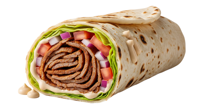 Eye-level shot displaying a tasty wrap filled with savory meat, fresh vegetables, and creamy sauce, ready for a quick meal.