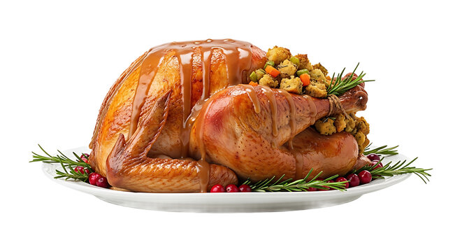 Golden roasted turkey with savory stuffing and gravy, garnished with fresh rosemary and bright cranberries, ready to serve.
