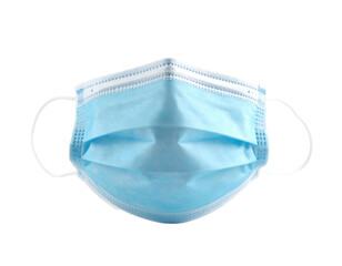A blue protective face mask with elastic ear loops