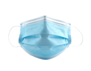 A blue protective face mask with elastic ear loops