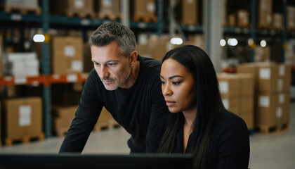 Logistics Team Reviewing Inventory Data in Modern Storage Facility