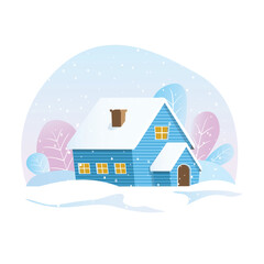 A blue cottage under snowfall scenery, stands on snowy hill illustration