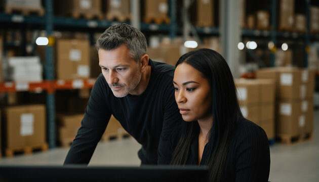 Logistics Team Reviewing Inventory Data in Modern Storage Facility - Powered by Adobe
