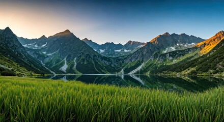 Fototapeta premium Scenic panoramic view of a mountain lake, green grass, and majestic peaks at sunset