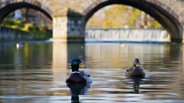 Two ducks swimming peacefully in a serene river with an ancient stone bridge in the background.