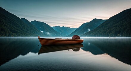 Serene lake scene at dusk, small wooden boat rests on still water, mountains in the background