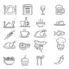 Set of restaurant food icons thin line vector illustration of meal and drink symbols isolated on white background
