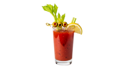 A vibrant and savory Bloody Mary cocktail, topped with celery, olives, and a lemon wedge on a stark transparent background.