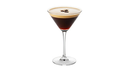 An elegant espresso martini in a classic glass, garnished with coffee beans, stands out on a simple transparent background.