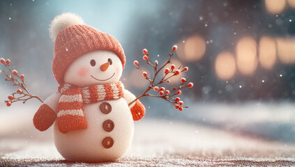 Cute smiling snowman with red hat and scarf holding berry twigs on a snowy street with glowing lights in the background Generative AI