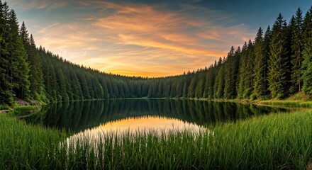Serene panoramic view of a glassy lake reflecting a colorful sunset nestled in a forest