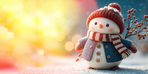 Cute snowman in red hat and striped scarf with berry twig arms standing in snowy scene with colorful festive bokeh lights Generative AI