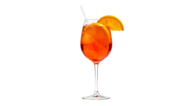 Refreshing cocktail with vibrant orange hue, garnished with an orange slice and a straw in a stylish glass stemware.