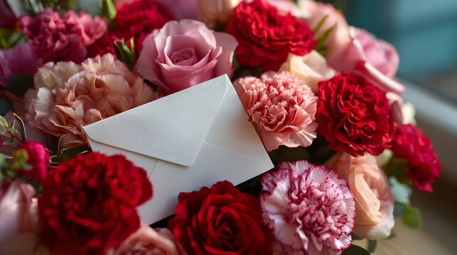 A beautiful bouquet of mixed red and pink flowers, including roses and carnations, with a sealed white envelope hidden among the blooms. Fresh, vibrant colors in natural daylight.