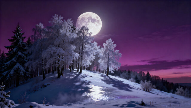 Snowy landscape under full moon with purple sky at winter solstice  
