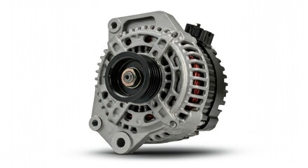 Silver metallic automotive alternator on white background, showcasing intricate details