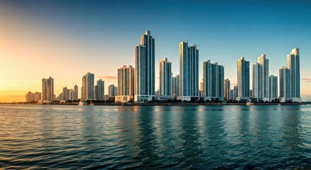 Skyline of numerous modern skyscrapers reflecting on calm ocean waters at dusk