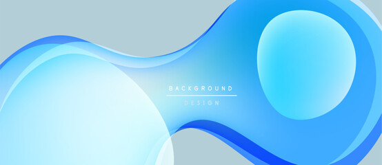 Abstract blue shapes overlap gray backdrop. Smooth gradients create flowing modern design. Minimalist aesthetic, suitable for digital projects.