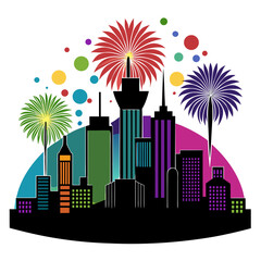 Colorful cityscape with fireworks celebration isolated on transparent background